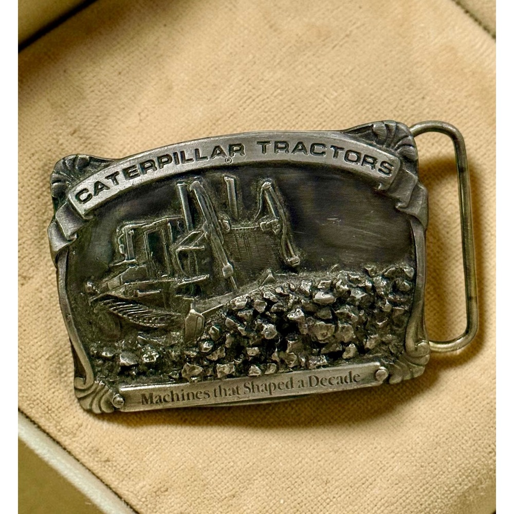 Vintage 1988 Caterpillar Tractors Belt Buckle CAT Machines Shaped a Decade 8714